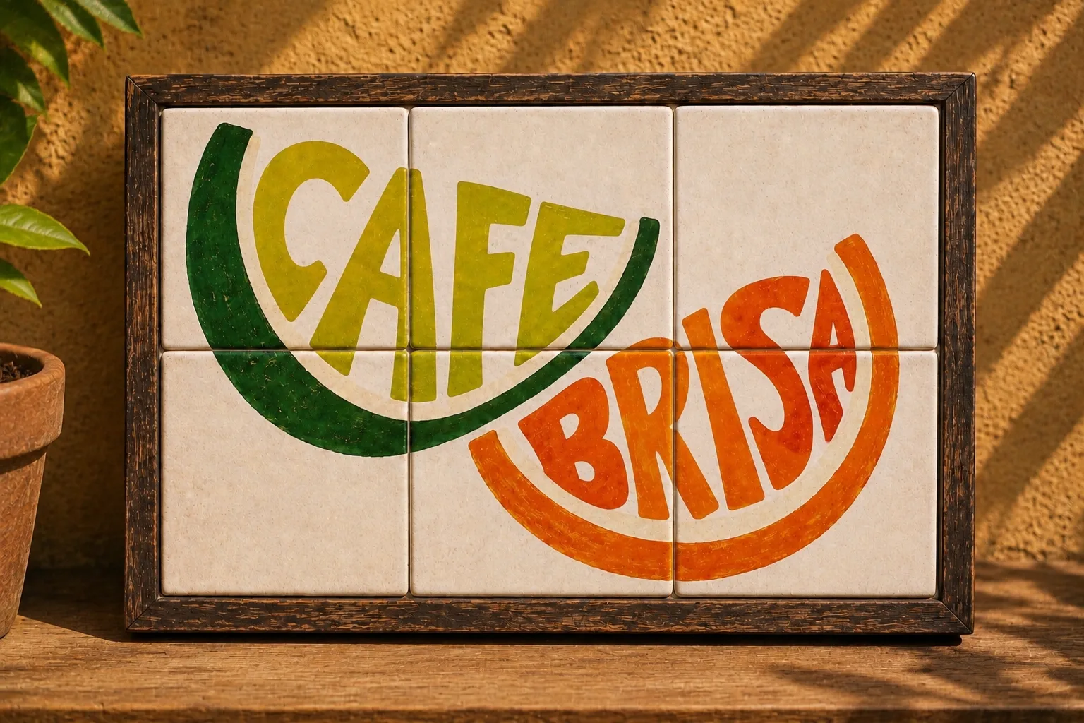 Concept hand-painted ceramic tile sign for a café